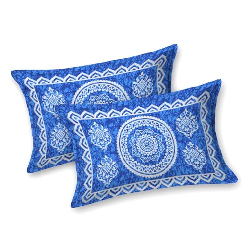 Image of RajasthaniKart 144 TC Pure 100% Cotton Double Bed Sheet with 2 Pillow Covers (Bedsheet for Double Bed Cotton, Blue Star Jaipuri, King Size,5296)