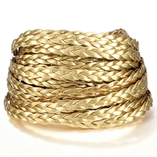 16.4ft/5mm Leather Braided Gold Cord Flat PU Leather Braided Gold Rope 3-Ply Twisted Golden String for DIY Braideds Crafts Bracelets Anklets Necklaces Gifts Belts