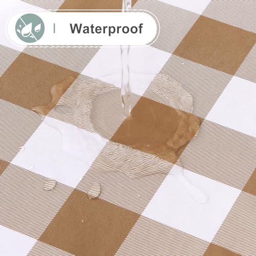 Image of misaya Round Waterproof Vinyl Table Cloth, Buffalo Flannel Backed Tablecloth, Wipeable Plastic Table Cover for Dinner, Kitchen, Picnic (60 inch, Brown and White)
