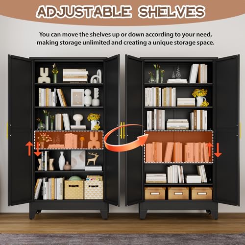 Image of winiowa Tall Metal Kitchen Pantry Storage Cabinet with 2 Doors and 5 Adjustable Shelves - 75.2 inch Kitchen Cabinet with Gold Handles for Kitchen, Bathroom, Dining Room, Living Room - Black