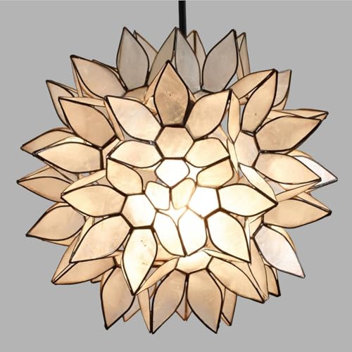 Modern Home Nautical White Capiz Shell Lotus Ceiling Pendant Light - 10" Diameter - Nautical Beach Seaside Home Decor Hanging Light Fixture - Image 6