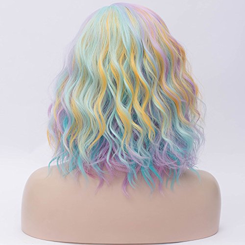Image of BERON Girls Rainbow Wig Short Curly Hair Wig for Women Colorful Body Wave Wigs Colorful Bob Halloween Cosplay Party or Daily Use Wigs