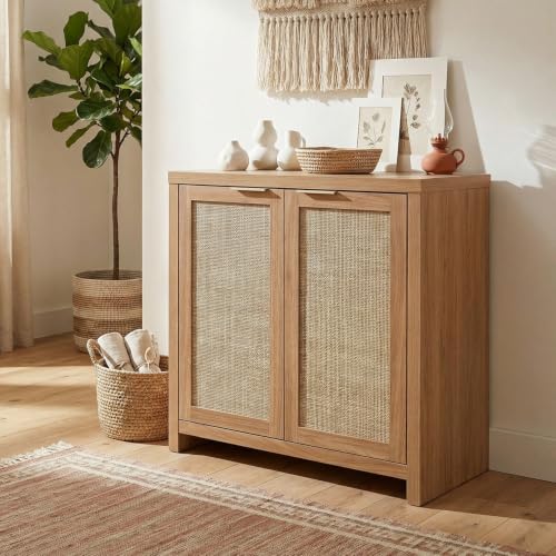 Image of OAKHAM HOME Rattan Sideboard Cabinet with Storage, Natural Oak, Set of 2 | Buffet Cabinet with 2 Soft-Close Doors, Adjustable Shelves and 110 lbs Top, For Living Room, Kitchen, Entryway