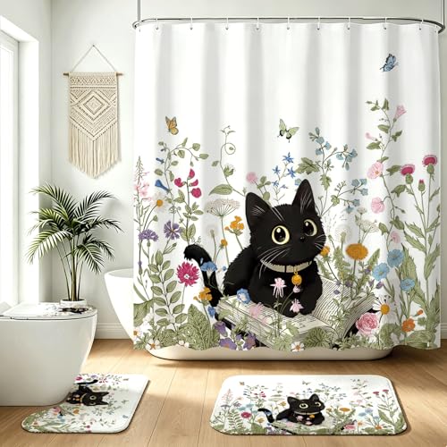 Mocsicka Floral Shower Curtain Set Cute Funny Black Cat Shower Curtain Set Farmhouse Wildflower Bath Curtain Boho Floral Bathroom Decor Set with Non-Slip Washable Bath Rugs Toilet Lid Cover