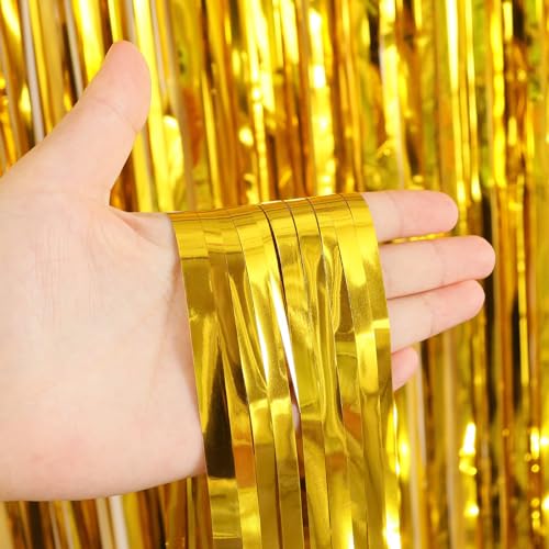 Image of 2 Pack Fringe Curtains Backdrops, Foil Fringe Curtains, Door Streamers for Birthday Wedding Bridal Shower Holiday Graduation Party Decorations, Photo Booth Backdrops, Gold