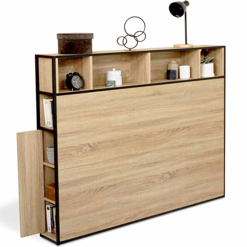 IDMarket Cleo - Cabecero de cama 145 cm, diseño industrial con almacenamiento madera y metal, color negro