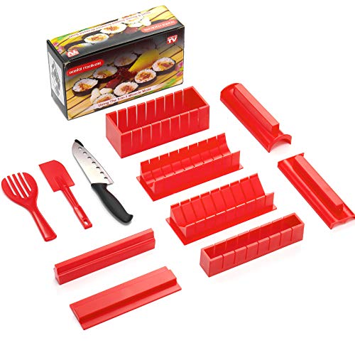 Sushi Making Kit - DIY Home All In One complete Sushi Set - 11 Piece BPA FREE Sushi Maker Set with 8 Sushi Roll Mold Shapes Fork Spoon Spatulas Chef Knife DIY Home Sushi Tool Deluxe Edition Red