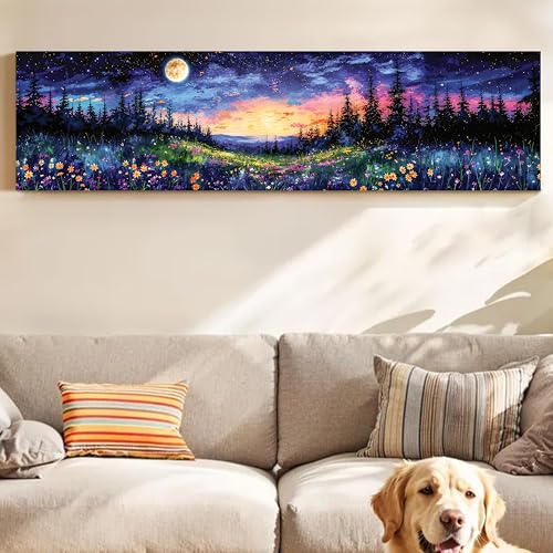 Image of Starry Sky Landscape Stretched Canvas Wall Art Painting for Living Room, Full Moon Mountain Canvas Wall Decor For Livingroom, Bedroom, Office, Hallway's, Hotel 12x46 Inch