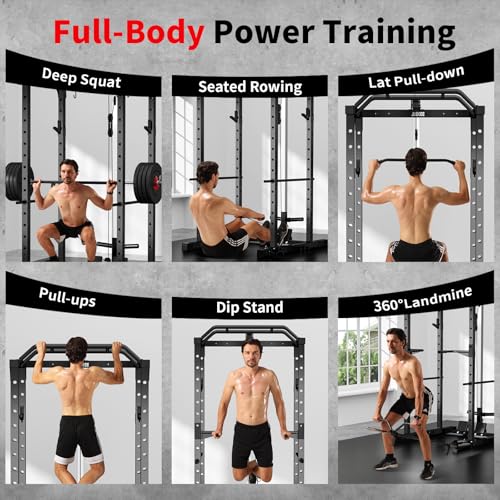Image of JEEKEE Power Rack with LAT Pulldown, 2000LBS Power Cage with Cable System, Multi-Function Squat Rack with J-Hooks, Safety Bars, Landmine, Pull Up Bar & Attachments for Home Gym Strength Training,Black
