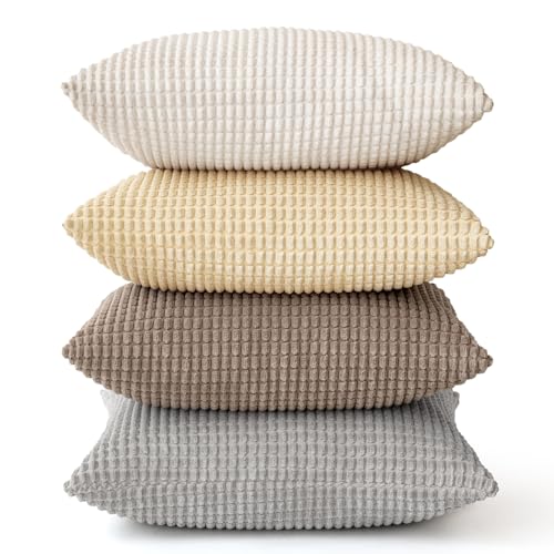 MIULEE Neutral Harmony Decorative Pillow Covers 18x18 Inch Set of 4 Rustic Farmhouse Boho Soft Throw Pillows Corduroy Couch Pillowcases Nordic Home Decor for Sofa Living Room Bed