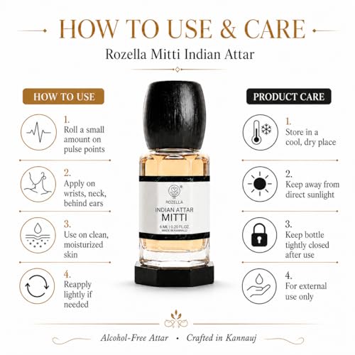 Image of ROZELLA Mitti Authentic Attar for Men and Women | Rain Soaked Earth Inspired Perfume Oil | Traditional Fragrance Blend | Non Alcoholic Long Lasting Fragrance Attar | 3 ml
