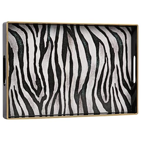 MAONAME Serving Tray with Handles, Black Decorative Tray for Coffee Table, Modern Marbling Plastic Tray, Rectangular Vanity Tray and Ottoman Trays for Living Room, Kitchen, 15.8 X 10.2 Inch Stripes Cover