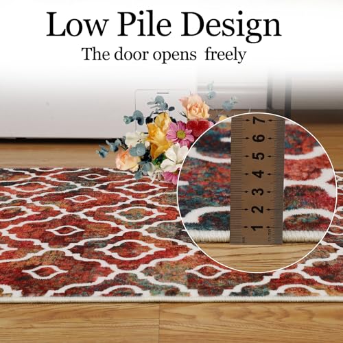 GlowSol Christmas Rug 8x10 Washable Rugs for Living Room Rug Non-Slip Soft Christmas Rug Geometric Farmhouse Low Pile Design Printed Carpet for Dining Room Bedroom Office Home Decor Colorful Red