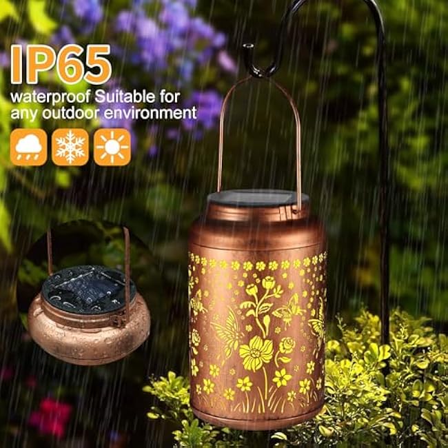 Solar Lantern Outdoor Hanging Lights Christmas Birthday Gifts for Women Mom and Grandma Butterfly Flower Metal Garden Decor Outside Waterproof LED Solar Lanterns for Patio, Yard, Pathway,