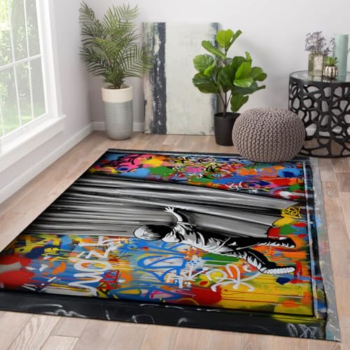 Tapis antidérapant grand format gris et noir pour salon