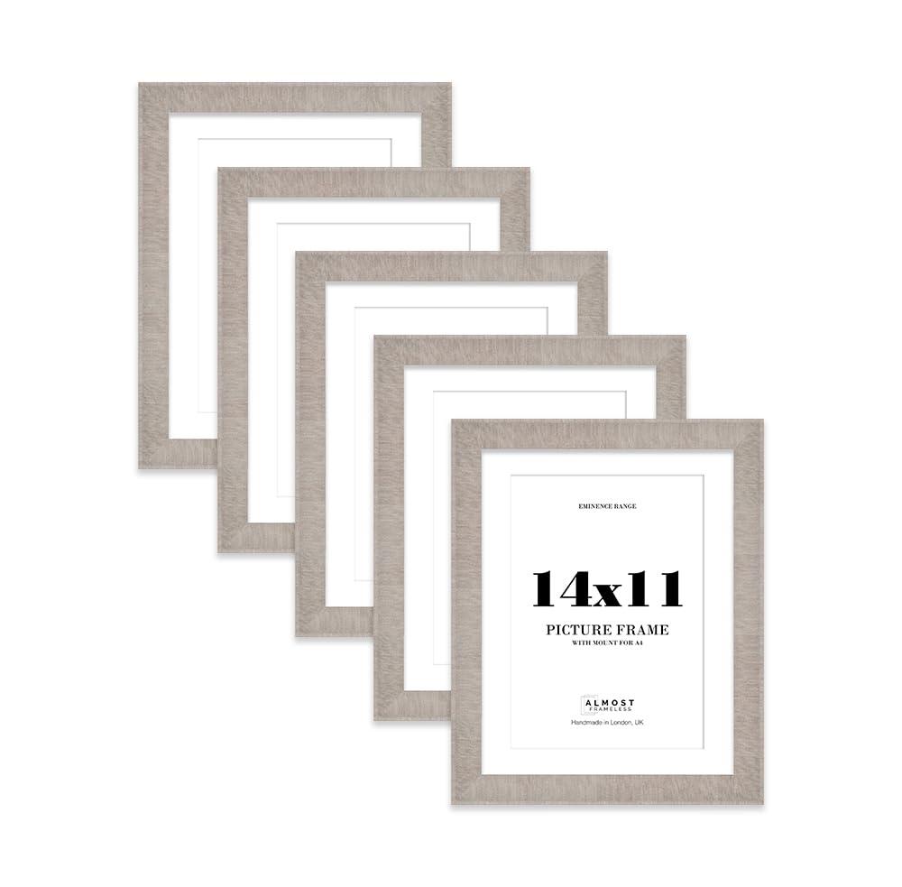 14x11" Grey Picture Frame with A4 Mount - Shabby Chic Photo Frame with Distressed Finish, Wall Hooks and Kickstand, 32mm Edge - 5 Pack