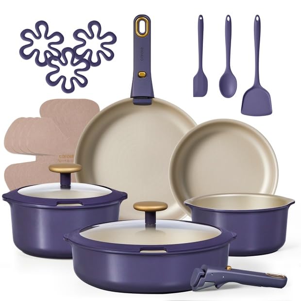 CAROTE 19 Pcs Pots and Pans Set, Nonstick Cookware Sets with Detachable Handle, Purple Dishwasher Safe, Oven Safe, Cookware Non Stick Cooking Set w/Frying Pans & Saucepans(PFOS, PFOA Free)