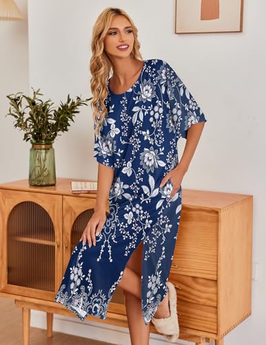 Image of Ekouaer Women's Nightgown Short Sleeve Sleepshirt Long Loungewear Casual Maxi Lounge Dress House Dresses with Pockets