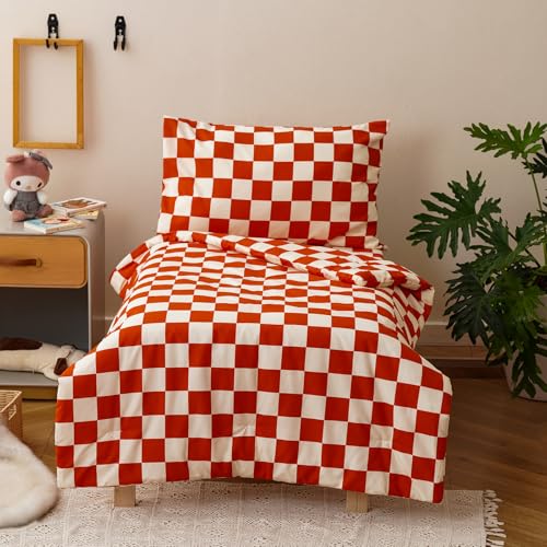 Image of Luxlovery Toddler Comforter Set Checkered Plaid Pumpkin White Kids Boho Bedding Set Bed Set for Dorm 4 Pieces (1 Comforter, 1 Flat Sheet, 1 Fitted Sheet, 1 Pillowcase)