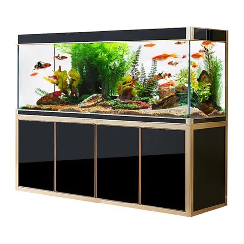 Aqua Dream Premium Aquarium | 220 Gallon Tempered Transparent Glass with LED Light, Complete Fish Tank, Black with Gold Trim