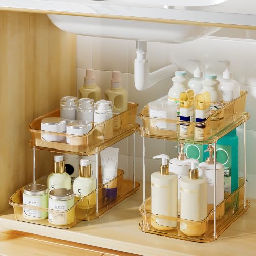 Image of Delamu 2-Tier Under Sink Organizers and Storage, Multi-Purpose Stackable Bathroom Cabinet organizers, Pull Out Kitchen Pantry Organization and Storage with Dividers(2 Pack, Amber)
