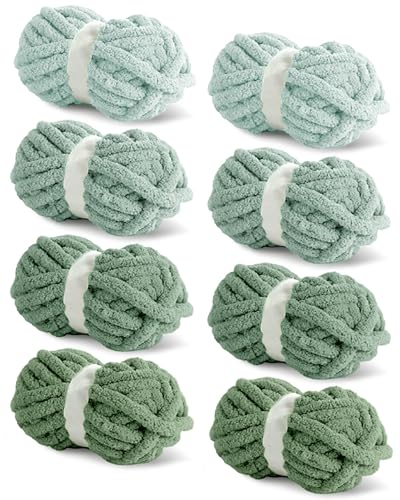 8 Packs Jumbo Sage Green Chunky Chenille Yarn for Crocheting, Bulky Thick Fluffy Yarn for Knitting, Super Bulky Chunky Yarns for Hand Knitting Blanket (27 yds,8 oz Each Skein)