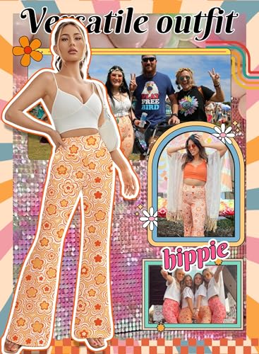 70s Flare Pants for Women - EDC Rave Festival Outfit High Waist Bell Bottom Boho Cute Groovy Disco Trousers4