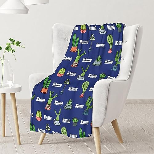Custom Cactus Throw Blanket - Soft, Fuzzy & Warm - 60x80 Inches Flannel Blankets for Bed, Couch - Dark Blue Aesthetic Throws Gift for Women, Men
