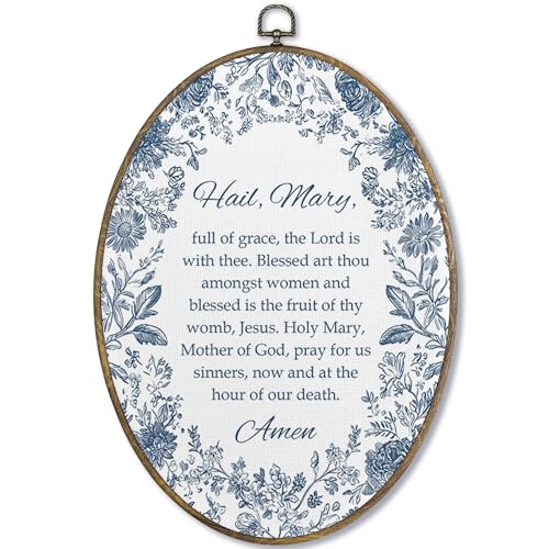 Fewgb Vintage Catholic Christian Oval Wall Art Decor Hail Mary Prayer Canvas Wall Art Framed Prints Picture for Bedroom Prayer Room Blue and White Floral Religious Hanging Room Decor Artwork 9x12