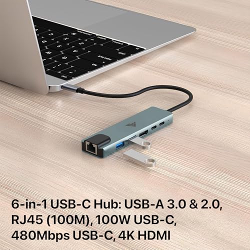 Image of 6-in-1 USB C Hub Multiport Adapter with 4K HDMI 2 x USB 3.0 /2.0 Ports Type-C 100W PD Charging Data Transfer Speed Upto 5GBPS Ethernet Compatible with MacBook, iPad, Dell, HP, Chromebook, Lenovo & More