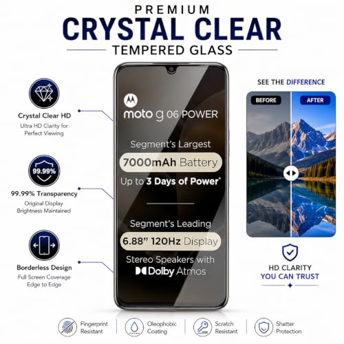 Image of ArmourPro 3D Borderless Tempered Glass for Motorla G06 Power and Moto G06, HD Clear Curved Edge to Edge Screen Protector, 9H Hardness, Oleophobic Coating, Case Friendly | Pack of 1