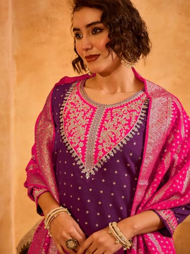Image of Naixa Women's Silk Embroidered Printed Straight Kurta with Pant |Jacquard Dupatta Set | 3 /4 Sleeve | Round Neck | Festive (Available in Plus Size)