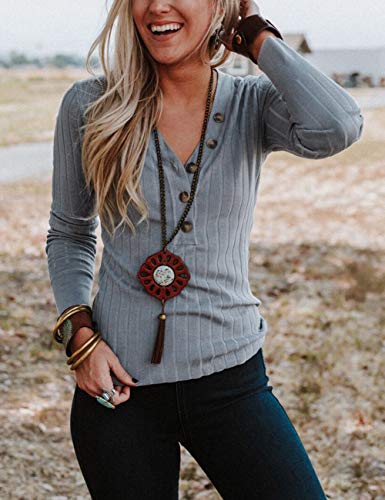 MEROKEETY Women's Long Sleeve V Neck Ribbed Button Knit Sweater Solid Color Tops Grey