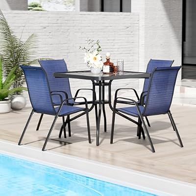 TLSUNNY Patio Dining Set 5 Pieces, All Weather Outdoor Furniture W/30"X 30" Table and 4 Stackable Textilene Chairs, Metal Table and Chairs for Lawn, Garden, Poolside, Backyard (Umbrella not Included)