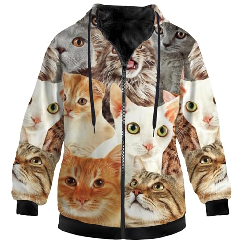 Cat Jacket for Women Men Fleece Sweatshirts Zip Up Hoodies Long Sleeve Hooded Coat with Pockets