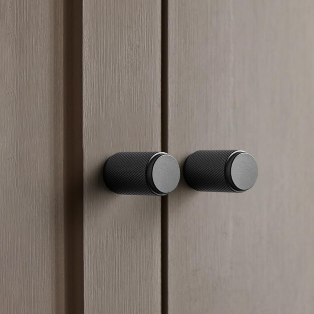 Goo-Ki 6 Pack Matte Black Knurled Cabinet Knobs – Textured Cylinder Drawer Pulls for Modern Kitchen Furniture, Dresser