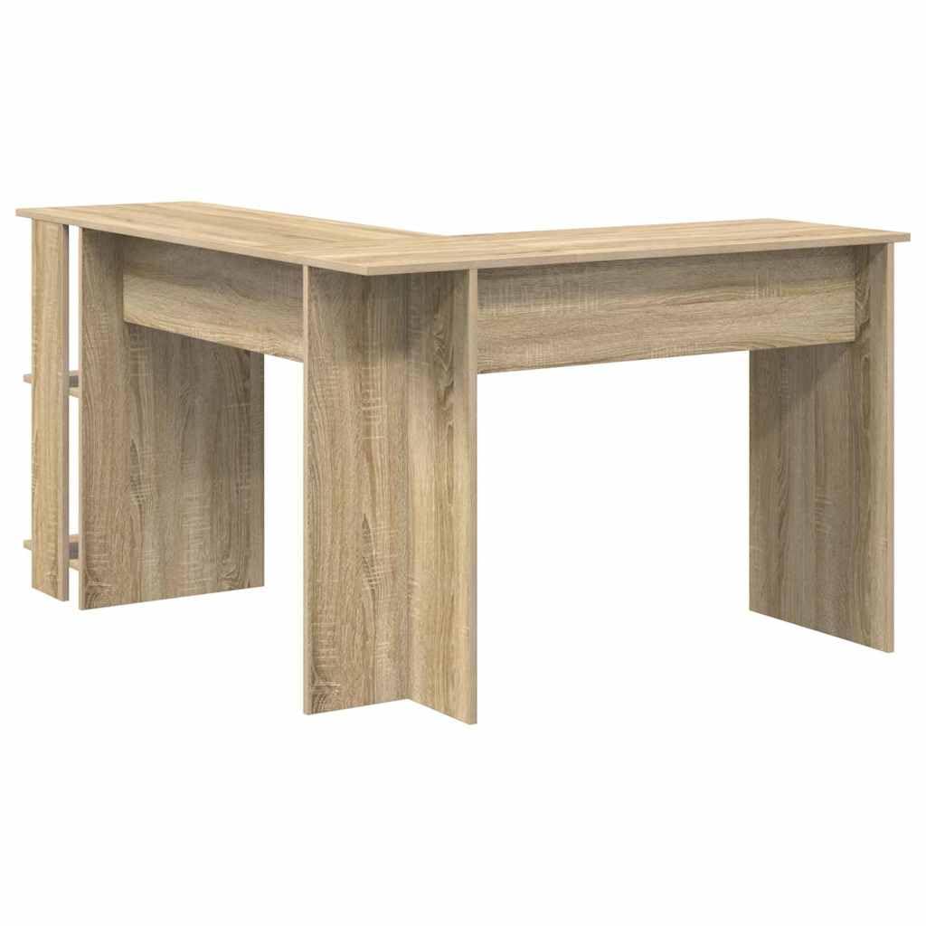 Moderna scrivania angolare in rovere Sonoma, 140 x 113,5 x 75 cm, con ripiani, area di lavoro compatta per ufficio e gaming, scrivania per computer durevole con spazio di archiviazione
