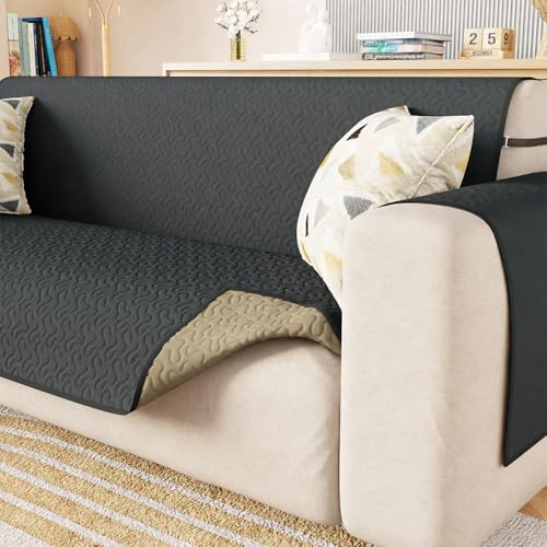 Lukzer 1 Seater Quilted Reversible Sofa Mat with Storage Side Pocket - Stipple Grey | 350 GSM Polyester Blend Full Coverage with Arms | Machine Washable Sofa Runner (50-60CM/SC-208-01)