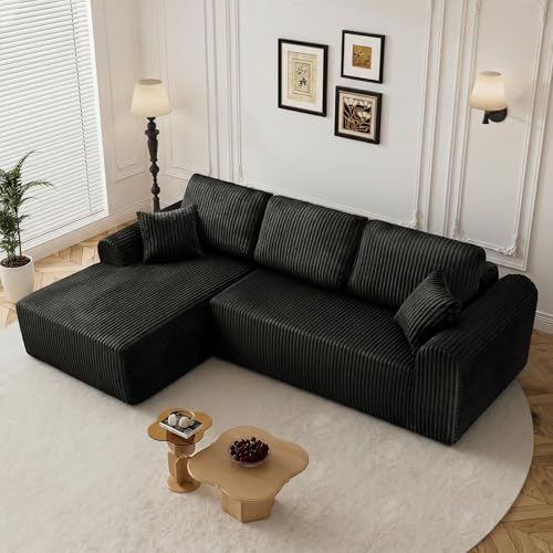 Image of 110 inch L Shaped Boneless Sectional Couches for Living Room, Comfy Corduroy Floor Cloud Sofa with Chaise, Wide Armrest, Deep Seat, Memory Foam, Assembly Free, Ideal for Small Spaces, Black