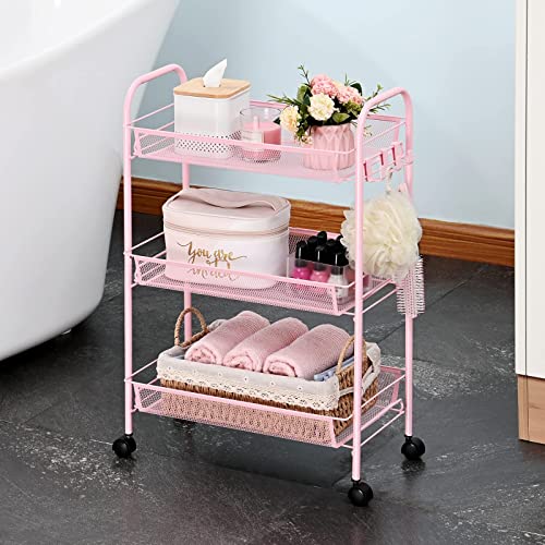 APEXCHASER 3-Tier Rolling Cart,Easy Assemble Mobile Storage Trolley On Wheels,Slide Out Utility Cart Shelving Units Kitchen Bathroom Laundry Room,Pink - Image 6