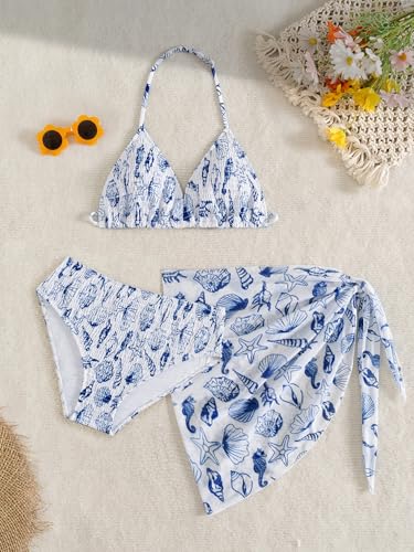 Image of SEGT Girl's 3 Piece Striped Bikini Swimwear Cute Swimsuits Bathing Suit High Waisted with Cover Up Beach Skirt