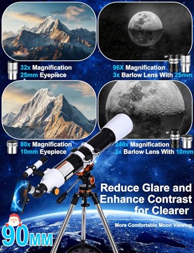 Image of Telescope for Adults High Powered 90mm Aperture 800mm,Refractor Telescopes for Astronomy Beginners with AZ Mount Tripod,Phone Adapter,Carry Bag (80090black-white)