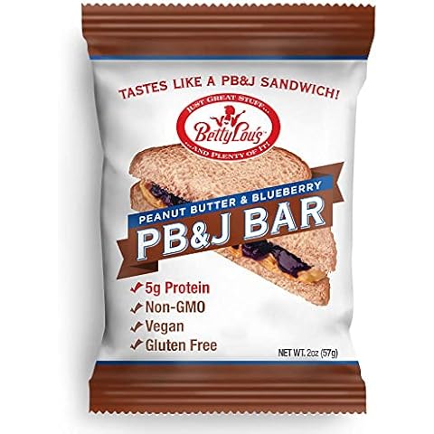 Betty Lou's PB&J Bars | Peanut Butter & Blueberry Snack Bars | Gluten Free, Vegan, Non GMO | Deliciously Healthy Snacks | Individually Wrapped, 2 Oz. Each (12 Pack) Cover