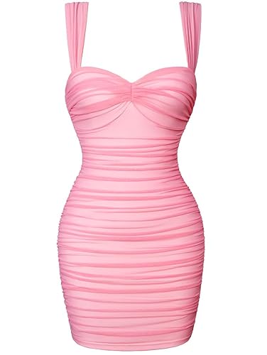 LAGSHIAN Women's Summer Sexy Bodycon Sleeveless Tank Straps Mesh Ruched Mini Party Dress - X-Large - Pink