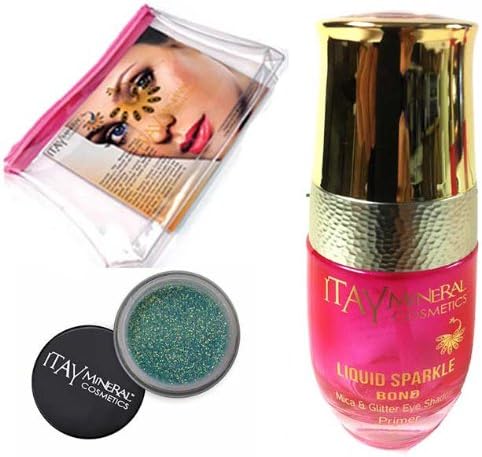 (Bundle of 3 Items) Liquid Sparkle Bond (New! Refillable Glass Bottle)+ Eye Shadow Glitter Powder in Blink Green G03+cosmetic Bag Itay Mineral Cosmetic