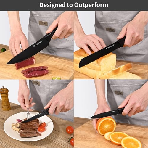 Knife Set with Sharpener – 15 pcs High Carbon Stainless Steel Knives Block Set, Stainless Steel Knife Set, Built-in Sharpener Kitchen Knife set, With Anti slip and Ergonomic Handles (Black) - Image 5