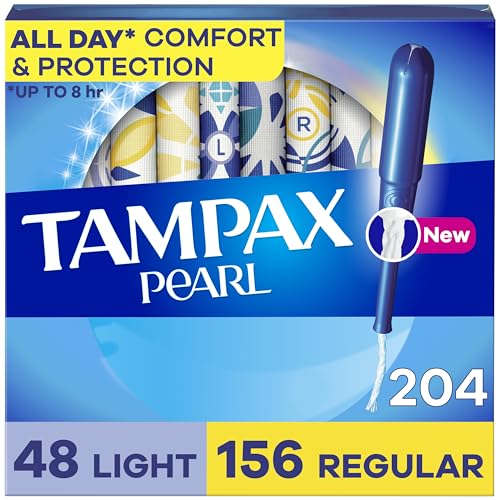 Tampax Pearl Tampons Multipack, with LeakGuard Braid, Light/Regular Absorbency, Unscented, 204 Count (6 Packs of 34)