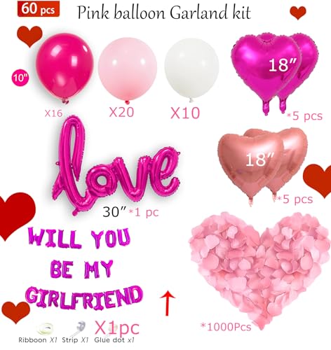 Image of Will You Be My Girlfriend Balloons 60pcs pink hot pink and white balloon kit Include 18 Inch Heart Shaped Balloons and 1000 Pink Artificial Rose Petals Romantic Decoration Kit for Valentines Party