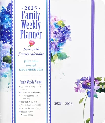2025 Hydrangeas Family Weekly Planner (18 months, July 2024 to Dec 2025), White or Cream