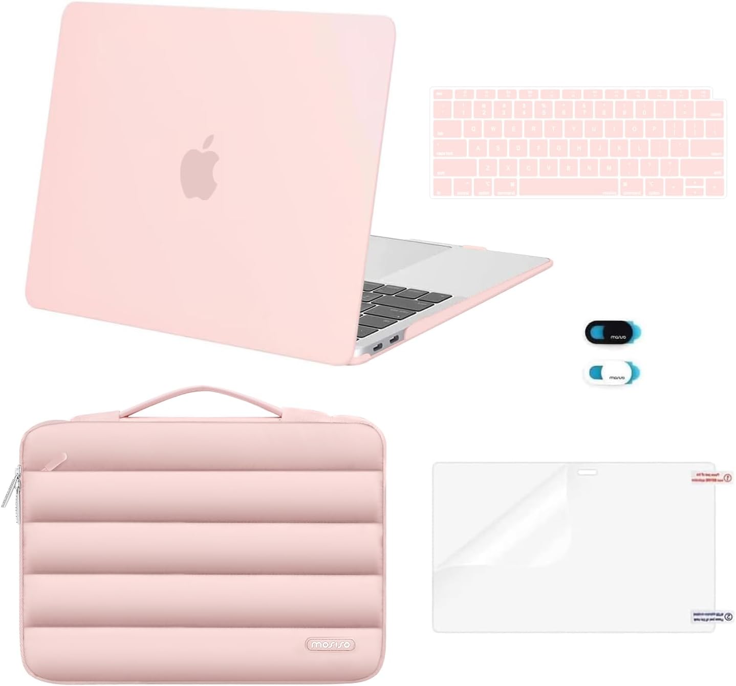MOSISO Compatible with MacBook Air 13 inch Case 2022 2021 2020 2019 2018 Release A2337 M1 A2179 A1932, Plastic Hard Case&Puffy Sleeve Bag&Keyboard Skin&Webcam Cover&Screen Protector, Pink